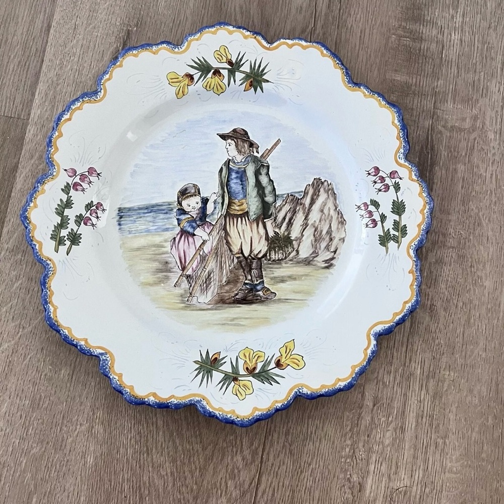 RARE Antique‎ French Henriot Quimper Faience Plate Hand Painted 10” - Fisherman